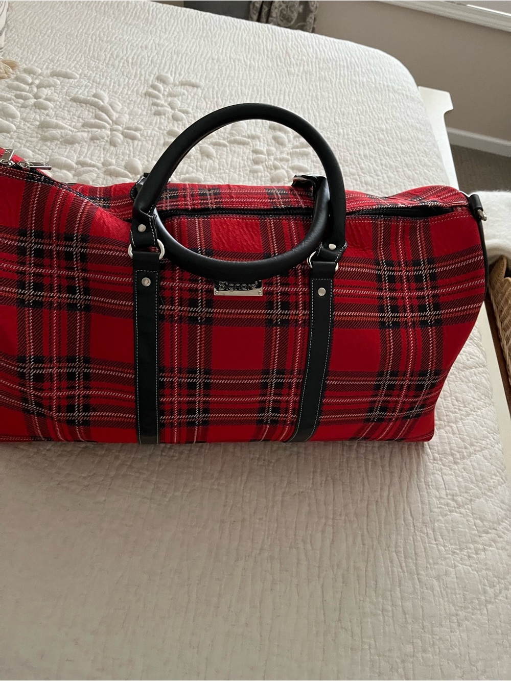 Red Plaid Travel Weekender Bag with Black Trim